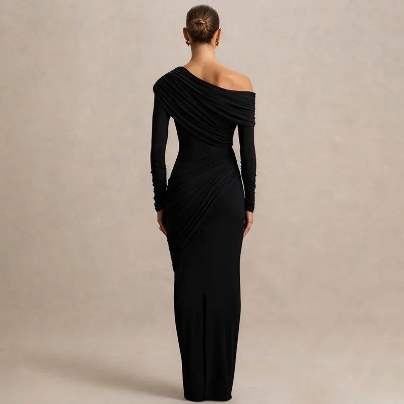 Black one-shoulder evening gown on a neutral background