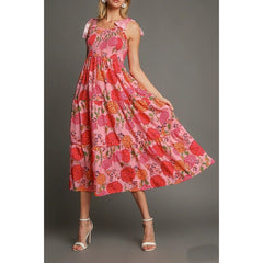 Floral Print Smocked Square Neck Maxi Dress