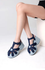 Denim Platform Flower T Strap Sandals