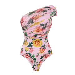 Floral print one-shoulder one-piece swimsuit in a close-up view