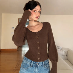 Ribbed puff sleeve button knit coat