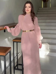 Pink Turtleneck Pullover Solid Sweater Dress With Belt