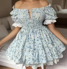 Flower Print Puff Sleeve Elastic Waist Ruffle Hem Mini Dress