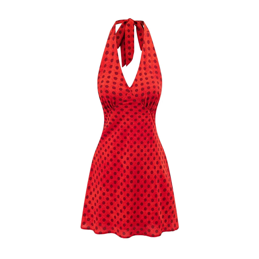 Red polka dot mini halter neck dress