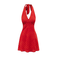 Red polka dot mini halter neck dress