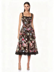 Floral lace midi dress with spaghetti straps