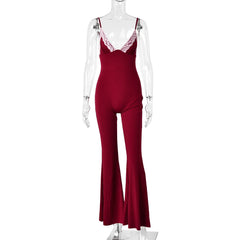 Lace Trim Spaghetti Strap Flare Jumpsuit
