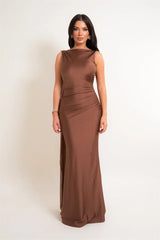 One Shoulder Low Back Draped Buckle Maxi Dress