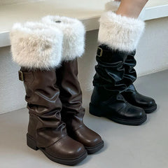 Woman wearing Plush Knee High Fur Warm Long Booties