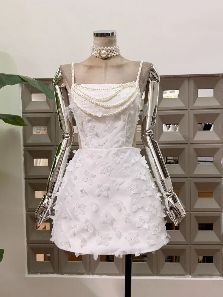 Pearl strap floral mini dress front view white