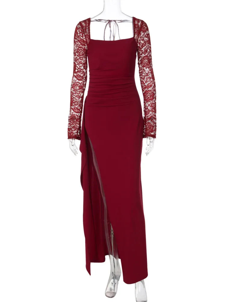 Red evening gown with lace sleeves on a white background