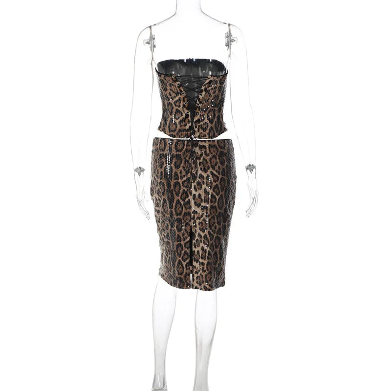 Leopard print corset and skirt set on a mannequin against a white background