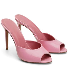 Pink patent peep toe stiletto heel mule