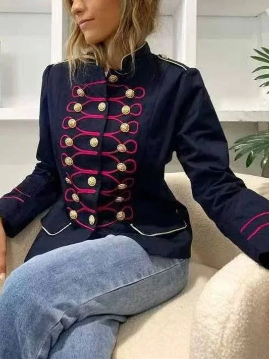 Model wearing a navy blue military-style jacket