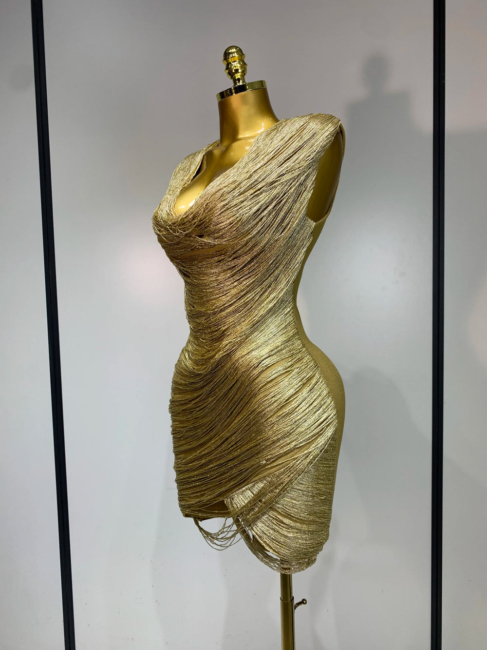 Draped metallic mini dress side view
