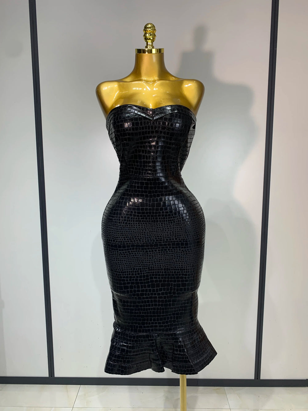 Strapless Crocodile-Embossed Bodycon Midi Dress