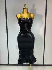 Strapless Crocodile-Embossed Bodycon Midi Dress