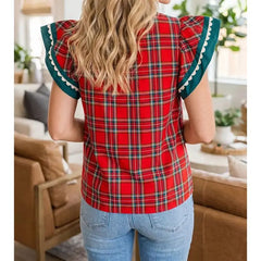 Plaid V-Neck Ruffle Sleeve Top