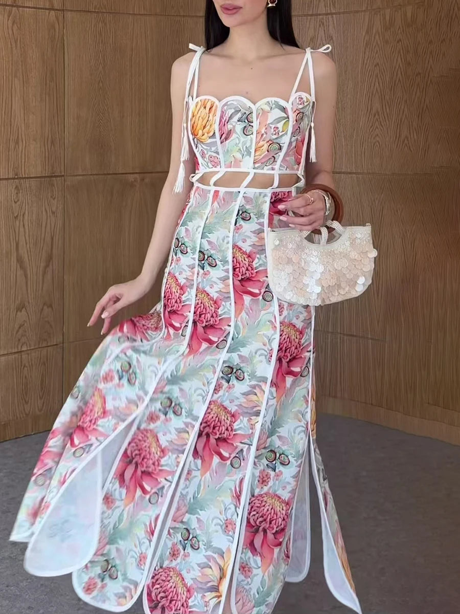 Floral print cutout maxi set with spaghetti straps