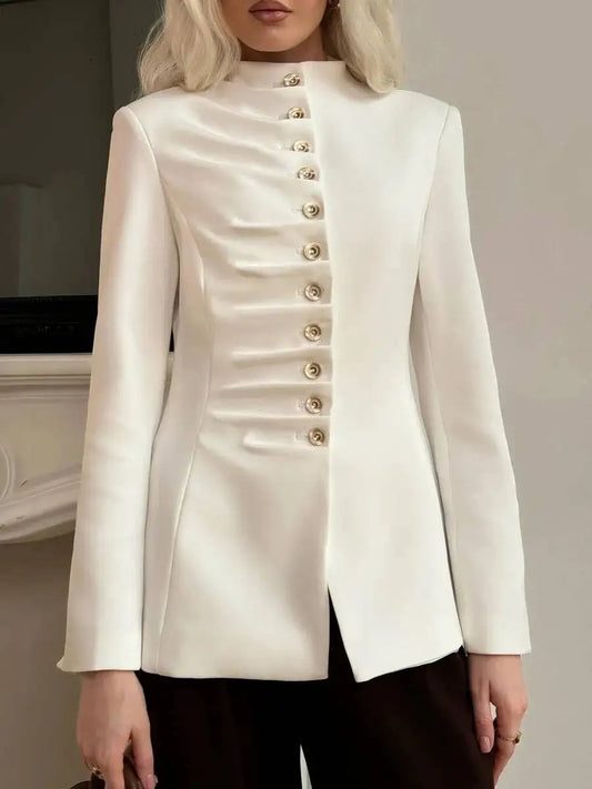 White ruched mandarin collar blazer with button front