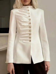 White ruched mandarin collar blazer with button front
