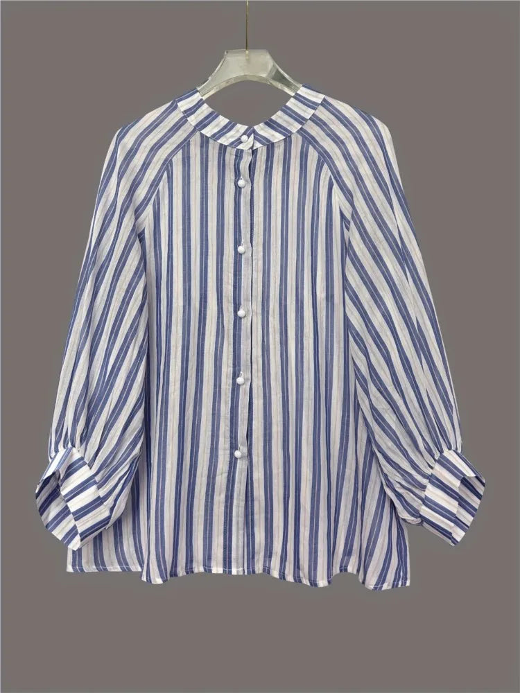 Striped balloon sleeve shirt on hanger