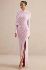 Draped Feather Cuff Maxi Dress