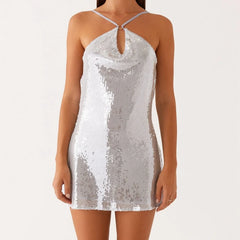 Silver sequin halter neck mini dress with front cutout.