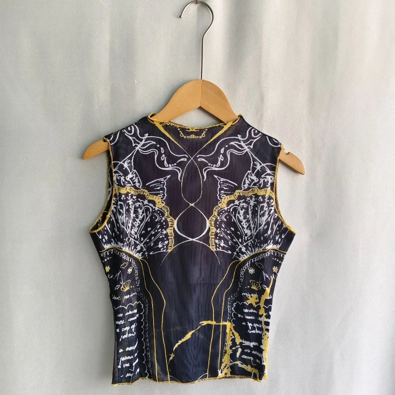Black graphic print sleeveless mesh top on hanger