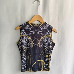 Black graphic print sleeveless mesh top on hanger