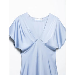 Satin V-Neck Flutter Sleeve Maxi Dress