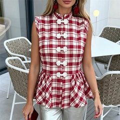 Check Peplum Knot Buttoned Top