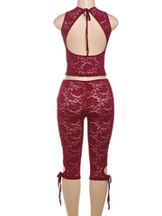 Red lace two-piece set on a mannequin against a white background