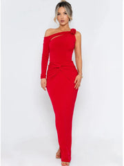 Woman wearing a red one-shoulder dress on a white background