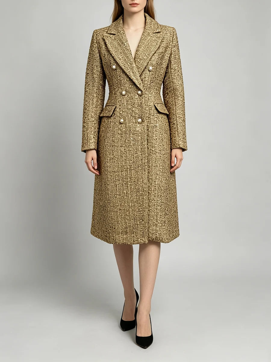 Pearl button tweed double breasted coat full front view