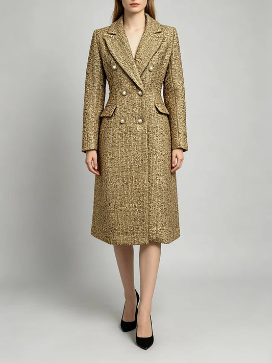 Pearl button tweed double breasted coat full front view