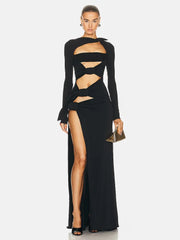 Black Hollow Out Knot Design Mesh Long Sleeves Maxi Dress
