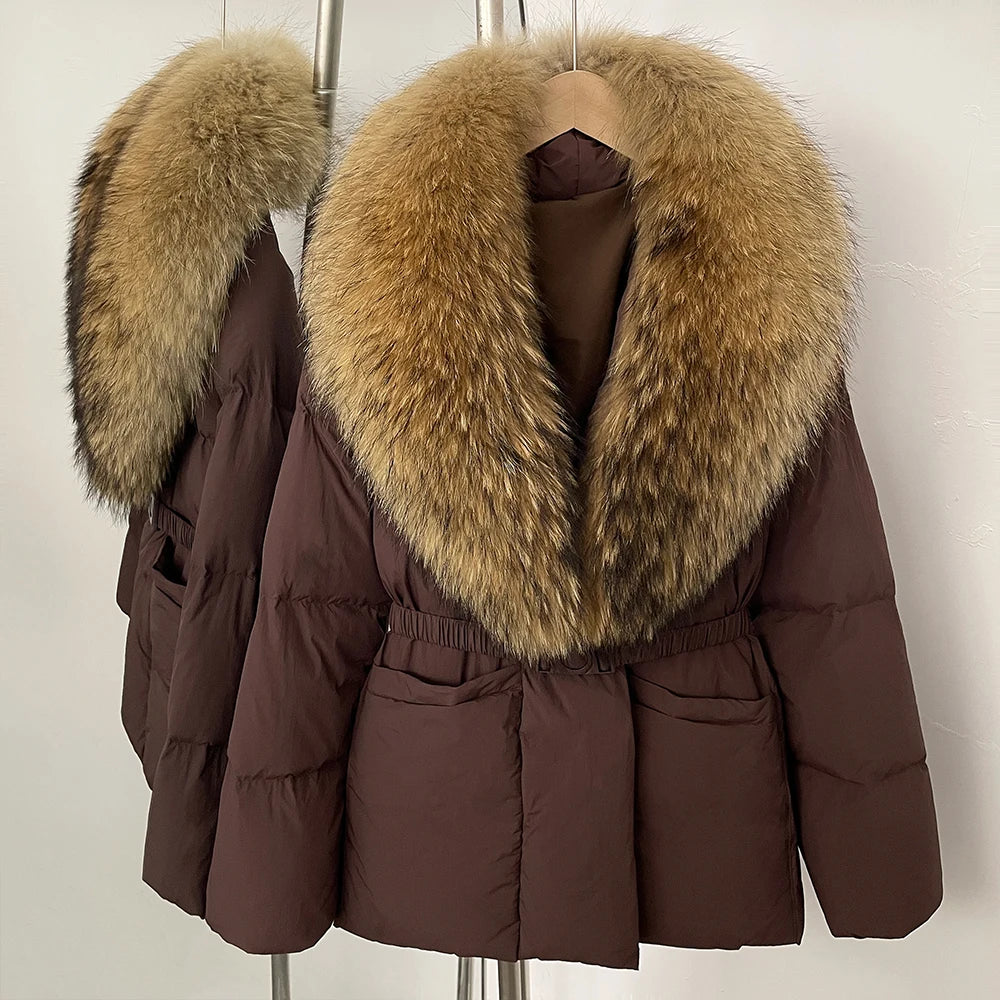 Brown winter coat with fur collar on a hanger against a white background