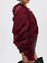 Red Ruched Drawstring Puff Sleeve Blouse