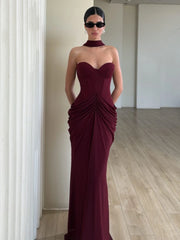 Strapless Corset Folds Wasit Detail Gown With Scarf