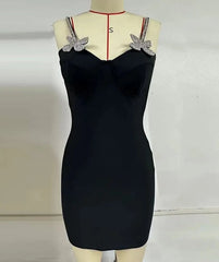 Women's Black Spaghetti Strap Diamond Details Mini Dress