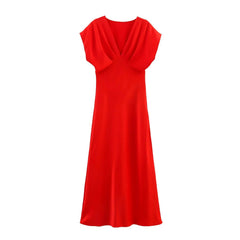 Satin V-Neck Flutter Sleeve Maxi Dress
