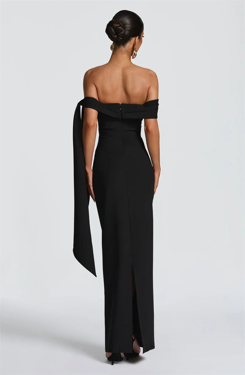 Black off-shoulder gown on a model 