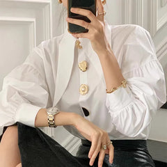 Elegant White Shirt with Large Gold Buttons – Perfect for Office and Casual Wear