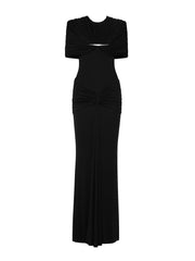Draped O-Neck Metal Pin Ruched Waist Maxi Dress
