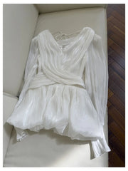 White Pleated V-Neck Long Sleeve Wrap Mini Dress