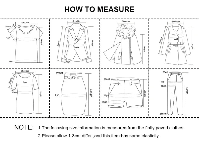 Measurement chart for clothing with labeled parts and instructions.
