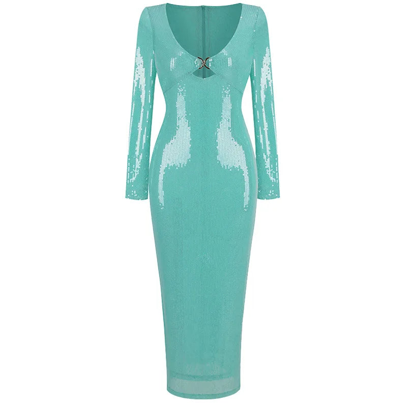 Sequin V-neck Long Sleeve Maxi Dress