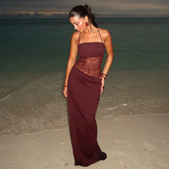 Spaghetti Strap Sheer Lace Hollow Out Long Dress