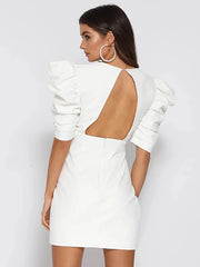Deep V Neck Open Back Short Puff Sleeve White Mini Dress